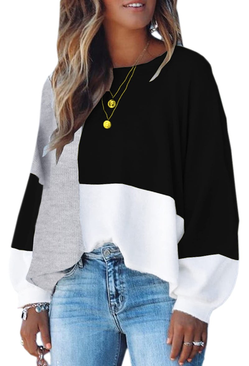 ECOWISH Women Sweater Long Sleeve Color Block Knit Pullover Sweaters Crew Neck Patchwork Casual Loose Jumper Tops Black Small - Image 1